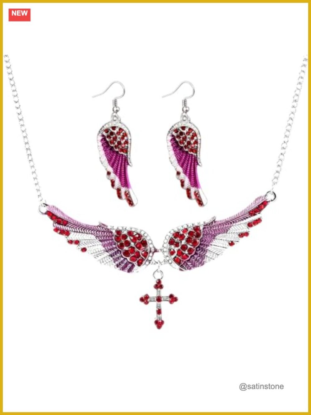 Gothic Fairy Feather Cross Choker Necklace Earrings Set
